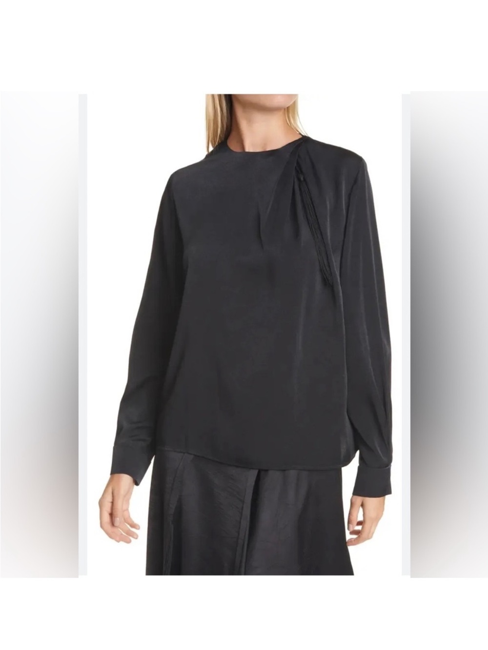 Vince Black Long-Sleeve Pleated Shoulder Blouse